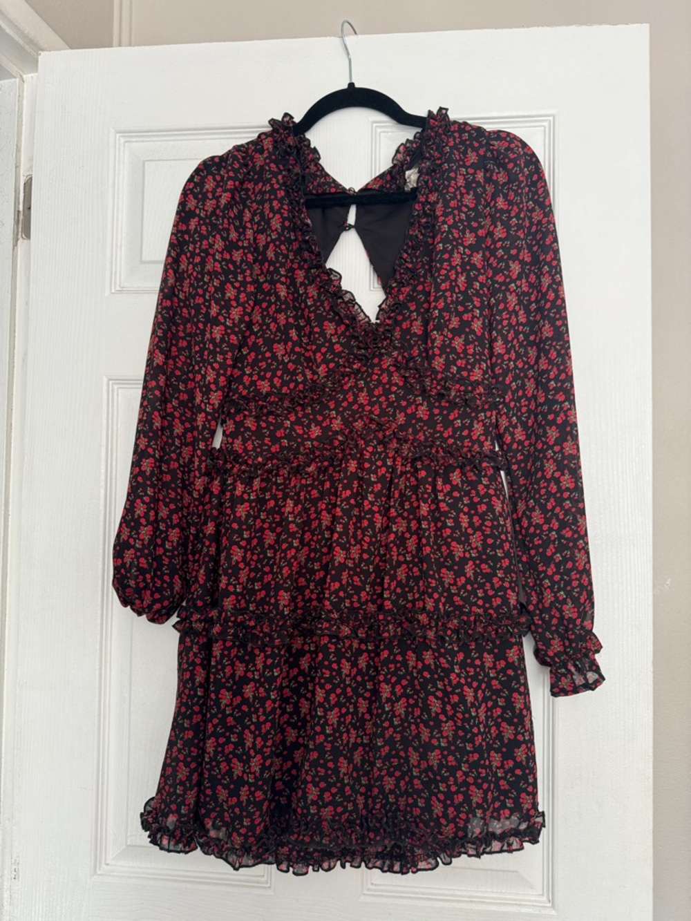 Nordstrom Black Long-Sleeve Floral Ruffle Mini Dress